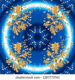 Vector traditional classic golden seamless pattern on blue and beige colors. Seamless oriental ornament in the style of baroque.