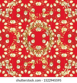 Vector traditional classic golden seamless pattern on beige and red colors. Seamless oriental ornament in the style of baroque.