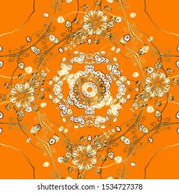 Vector traditional classic golden seamless pattern on brown and orange colors. Seamless oriental ornament in the style of baroque.