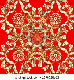 Vector traditional classic golden seamless pattern on red and brown colors. Seamless oriental ornament in the style of baroque.