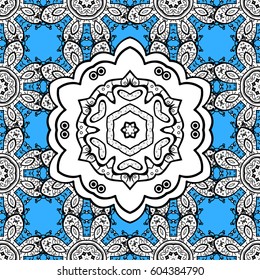 Vector traditional classic white seamless pattern on blue background. Seamless oriental ornament in the style of baroque.
