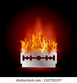Vector Traditional Double Edge Burning Razor Blade Isolated on Red Background. Tool for Haircut and Shave. Stainless Steel Sheving Equipment.