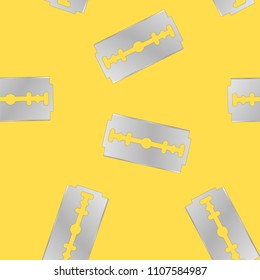 Vector Traditional Double Edge Razor Blade Seamless Pattern Isolated on Yellow Background. Tool for Haircut and Shave. Stainless Steel Sheving Equipment.