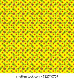 Vector traditional embroidered sketch with flowers in yellow, green and orange colors for clothing design. Embroidery seamless floral pattern with abstract flowers.