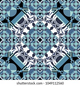 Vector traditional ethnic background in blue, gray and black colors. Ornament consisting of mandalas. Seamless geometric arabesque oriental pattern.