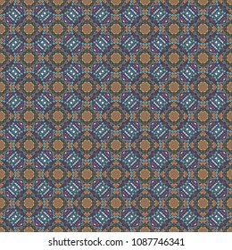 Vector traditional ethnic background in blue, violet and gray colors. Ornament consisting of mandalas. Seamless geometric arabesque oriental pattern.