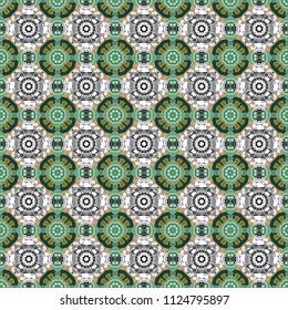 Vector traditional ethnic background in blue, white and gray colors. Ornament consisting of mandalas. Seamless geometric arabesque oriental pattern.