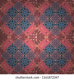 Vector traditional ethnic background in blue, beige and pink colors. Ornament consisting of mandalas. Seamless geometric arabesque oriental pattern.