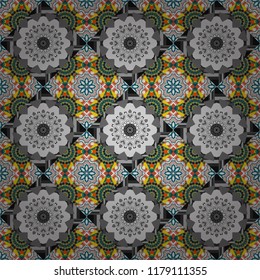 Vector traditional ethnic background in blue, orange and gray colors. Ornament consisting of mandalas. Seamless geometric arabesque oriental pattern.