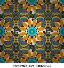 Vector traditional ethnic background in blue, orange and red colors. Ornament consisting of mandalas. Seamless geometric arabesque oriental pattern.