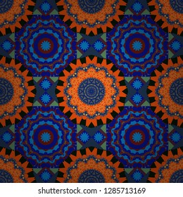 Vector traditional ethnic background in blue, black and red colors. Seamless geometric arabesque oriental pattern. Ornament consisting of mandalas.
