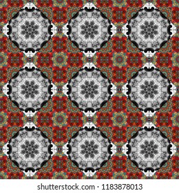 Vector traditional ethnic background in brown, gray and red colors. Ornament consisting of mandalas. Seamless geometric arabesque oriental pattern.