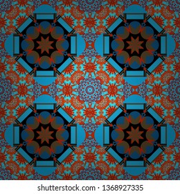Vector traditional ethnic background in brown, orange and blue colors. Ornament consisting of mandalas. Seamless geometric arabesque oriental pattern.