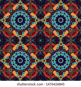 Vector traditional ethnic background in brown, blue and red colors. Ornament consisting of mandalas. Seamless geometric arabesque oriental pattern.