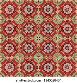 Vector traditional ethnic background in gray, brown and red colors. Ornament consisting of mandalas. Seamless geometric arabesque oriental pattern.