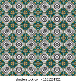 Vector traditional ethnic background in gray, blue and orange colors. Ornament consisting of mandalas. Seamless geometric arabesque oriental pattern.