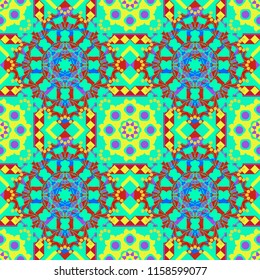 Vector traditional ethnic background in green, red and orange colors. Ornament consisting of mandalas. Seamless geometric arabesque oriental pattern.