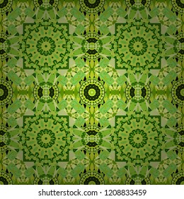 Vector traditional ethnic background in green, yellow and black colors. Ornament consisting of mandalas. Seamless geometric arabesque oriental pattern.