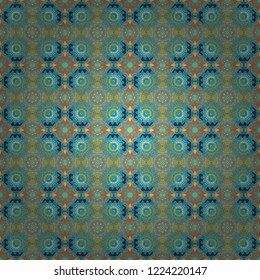 Vector traditional ethnic background in green, blue and orange colors. Ornament consisting of mandalas. Seamless geometric arabesque oriental pattern.