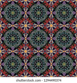 Vector traditional ethnic background in green, brown and black colors. Seamless geometric arabesque oriental pattern. Ornament consisting of mandalas.