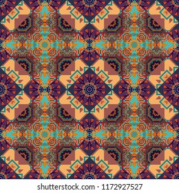 Vector traditional ethnic background in orange, blue and brown colors. Ornament consisting of mandalas. Seamless geometric arabesque oriental pattern.