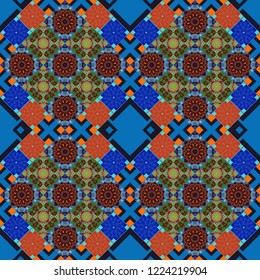Vector traditional ethnic background in orange, blue and black colors. Ornament consisting of mandalas. Seamless geometric arabesque oriental pattern.