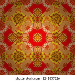 Vector traditional ethnic background in orange, red and yellow colors. Ornament consisting of mandalas. Seamless geometric arabesque oriental pattern.