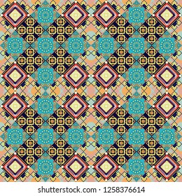 Vector traditional ethnic background in orange, black and blue colors. Ornament consisting of mandalas. Seamless geometric arabesque oriental pattern.