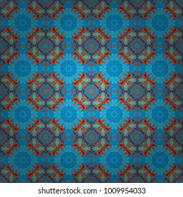 Vector traditional ethnic background in red, green and blue colors. Ornament consisting of mandalas. Seamless geometric arabesque oriental pattern.