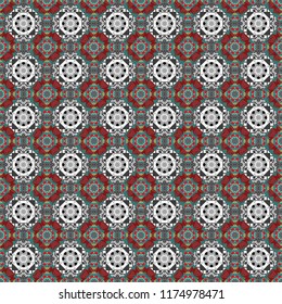 Vector traditional ethnic background in red, gray and blue colors. Ornament consisting of mandalas. Seamless geometric arabesque oriental pattern.