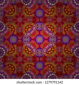 Vector traditional ethnic background in red, brown and orange colors. Seamless geometric arabesque oriental pattern. Ornament consisting of mandalas.