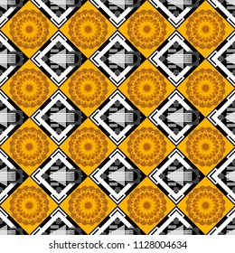 Vector traditional ethnic background in white, black and yellow colors. Ornament consisting of mandalas. Seamless geometric arabesque oriental pattern.