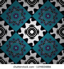 Vector traditional ethnic background in white, blue and black colors. Ornament consisting of mandalas. Seamless geometric arabesque oriental pattern.