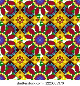 Vector traditional ethnic background in yellow, green and red colors. Ornament consisting of mandalas. Seamless geometric arabesque oriental pattern.