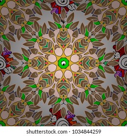 Vector traditional folk flowers bouquet on neutral, brown and gray colors for textile design. Embroidery colorful floral seamless pattern with poppies and lilies of the valley.