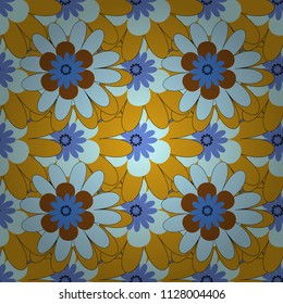 Vector traditional folk flowers bouquet for textile design and fabric. Embroidery colorful floral seamless pattern in blue, orange and brown colors.