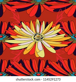Vector traditional folk flowers bouquet for textile design and fabric. Embroidery colorful floral seamless pattern in orange, black and red colors.
