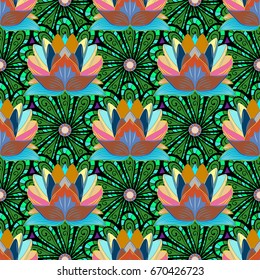 Vector traditional folk flowers bouquet on colorful background for textile design. Embroidery colorful floral seamless pattern with poppies and lilies of the valley.