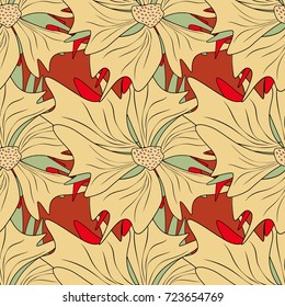 Vector traditional folk flowers bouquet for textile design and fabric. Embroidery colorful floral seamless pattern in red and orange colors.