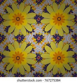 Vector traditional folk flowers bouquet for textile design and fabric. Embroidery colorful floral seamless pattern in beige, violet and yellow colors.