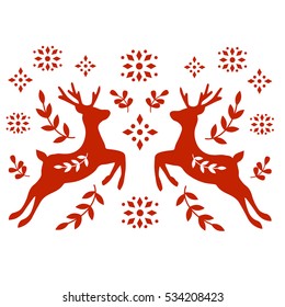 Vector traditional folk motif with deer, snowflakes and branches