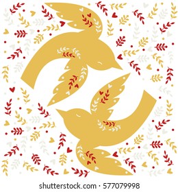 Vector traditional folk motif with flying yellow birds, leaves and hearts