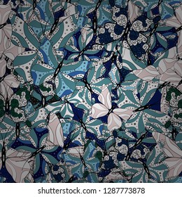 Vector traditional folk nice decor on blue, black and white background for clothing design. Cute trend butterflies.