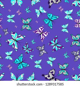 Vector traditional folk nice decor on blue, white and violet background for clothing design. Cute trend butterflies.