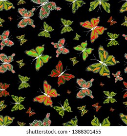 Vector traditional folk nice decor on white, green and black background for clothing design. Cute trend butterflies.