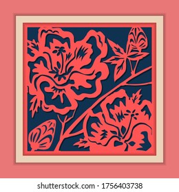 Vector Traditional Framed Chinese Paper Cutting Art, Classic Blue & Pink.