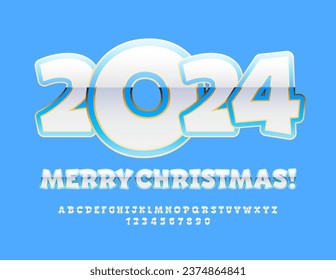 Vector traditional Greeting Card Merry Christmas 2024! Funny Glossy Font. Artistic Alphabet Letters and Numbers set. 