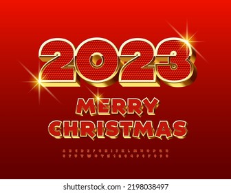 Vector traditional luxury Greeting Card Merry Christmas 2023! Red and Gold 3D Font. Chic style Alphabet Letters and Numbers set