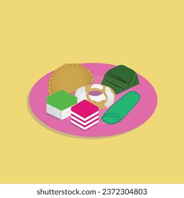 A vector of Traditional Malay confectionery in a plate. The confectionery inside is "seri muka, karipap, kuih lapis, keria, ketayap and kuih koci".