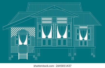 Vector of a traditional Malay house in Malaysia, also known as rumah kampung. Outline only with solid color background.